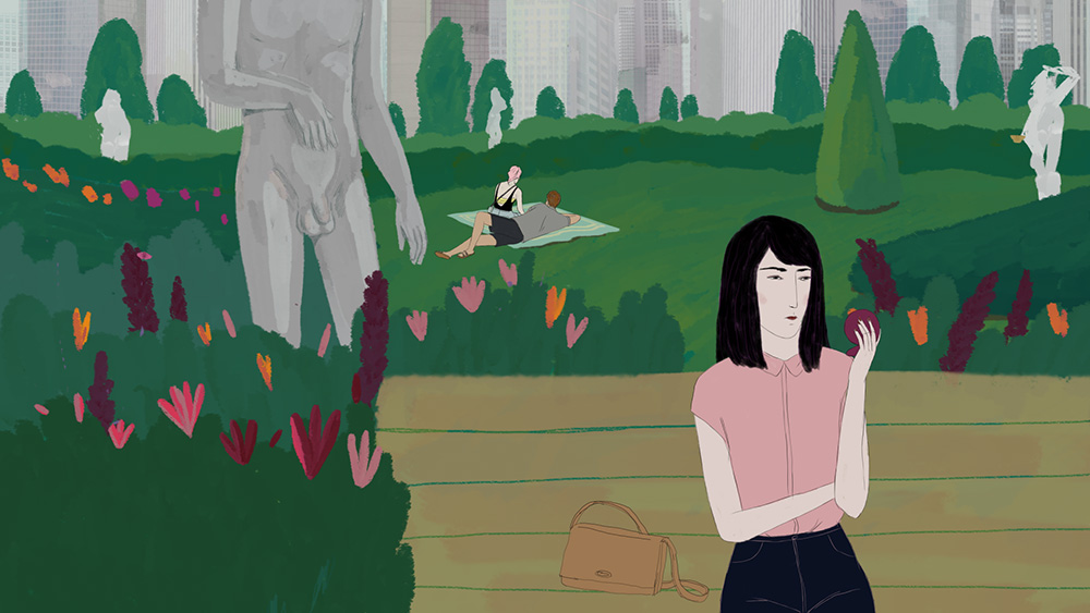 A colorful flat drawing of women in a park