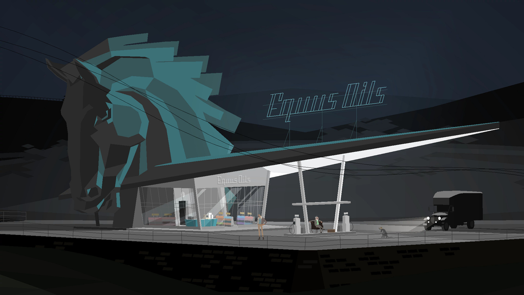 Jake Elliott, Tamas Kemenczy, Ben Babbitt, screen shot from Kentucky Route Zero, 2013-2020. Courtesy Cardboard Computer.