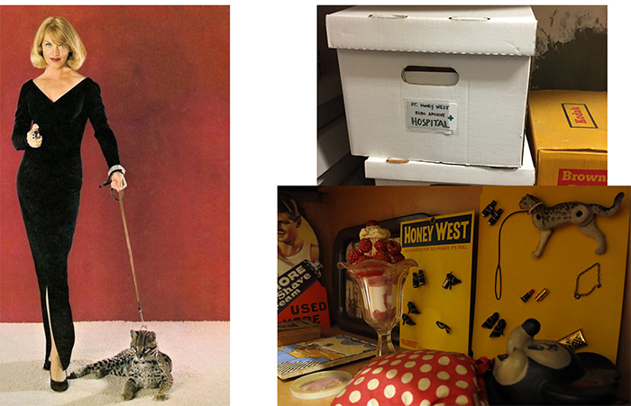 Left: the real Honey West. Right: the old St. Honey West Hospital, and Honey West memorabilia in the RBSC.
