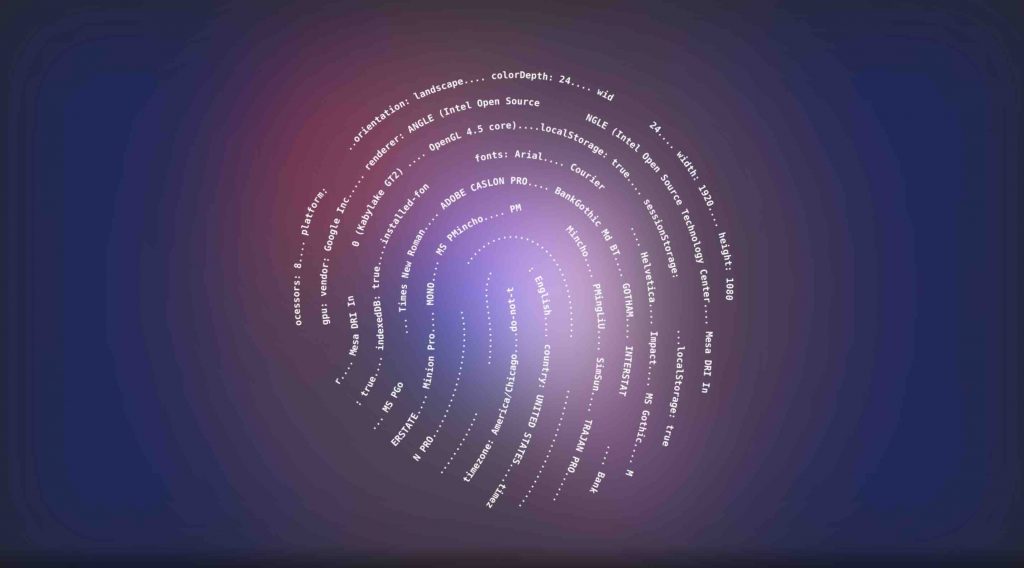 Words and numbers in white type arranged to form the impression of a fingerprint against a background of purples and blues. 