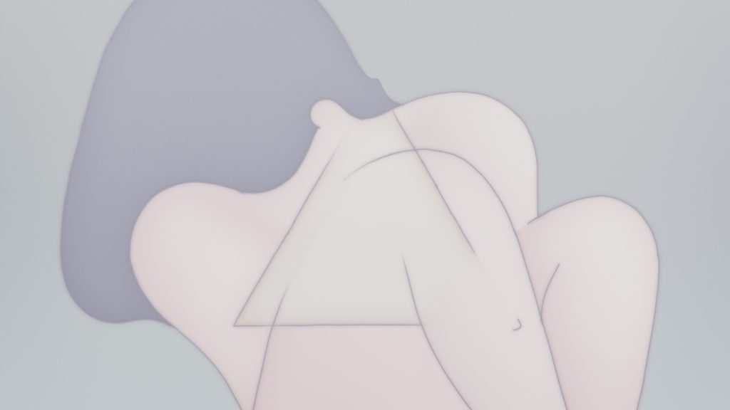 Soft pastel colored abstraction that resembles the figure of a women with dark hair.