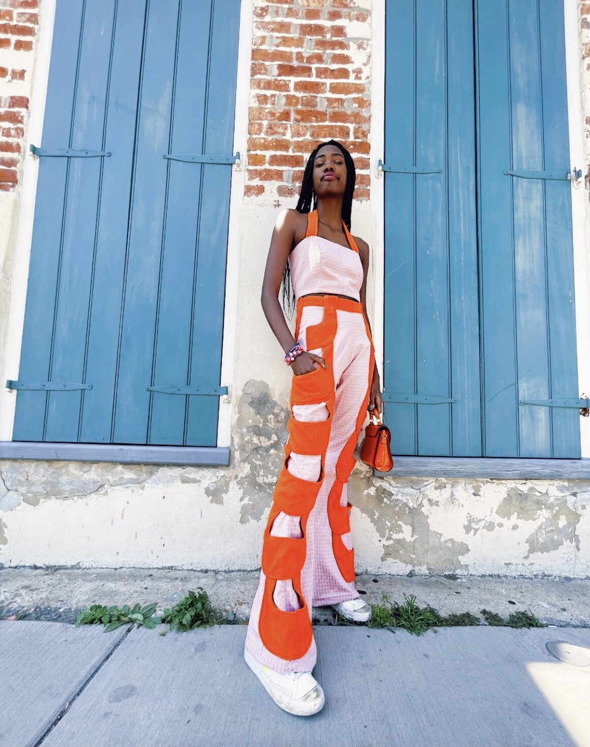 Margaux Laibe - Look one, 2021, pink, orange, photoshoot New Orleans, model Kami Thompson